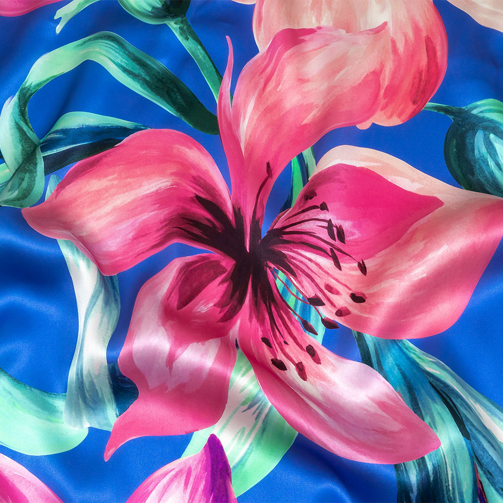 Mood Exclusive Italian Pink, Cascade and Blue Lilies Silk Charmeuse Mood Exclusive Italian Pink, Cascade and Blue Lilies Silk Charmeuse