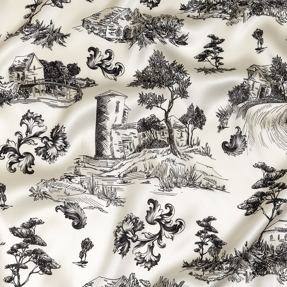 Mood Exclusive Italian Black Bean and Cloud Dancer Elegant Toile Silk Charmeuse Mood Exclusive Italian Black Bean and Cloud Dancer Elegant Toile Silk Charmeuse
