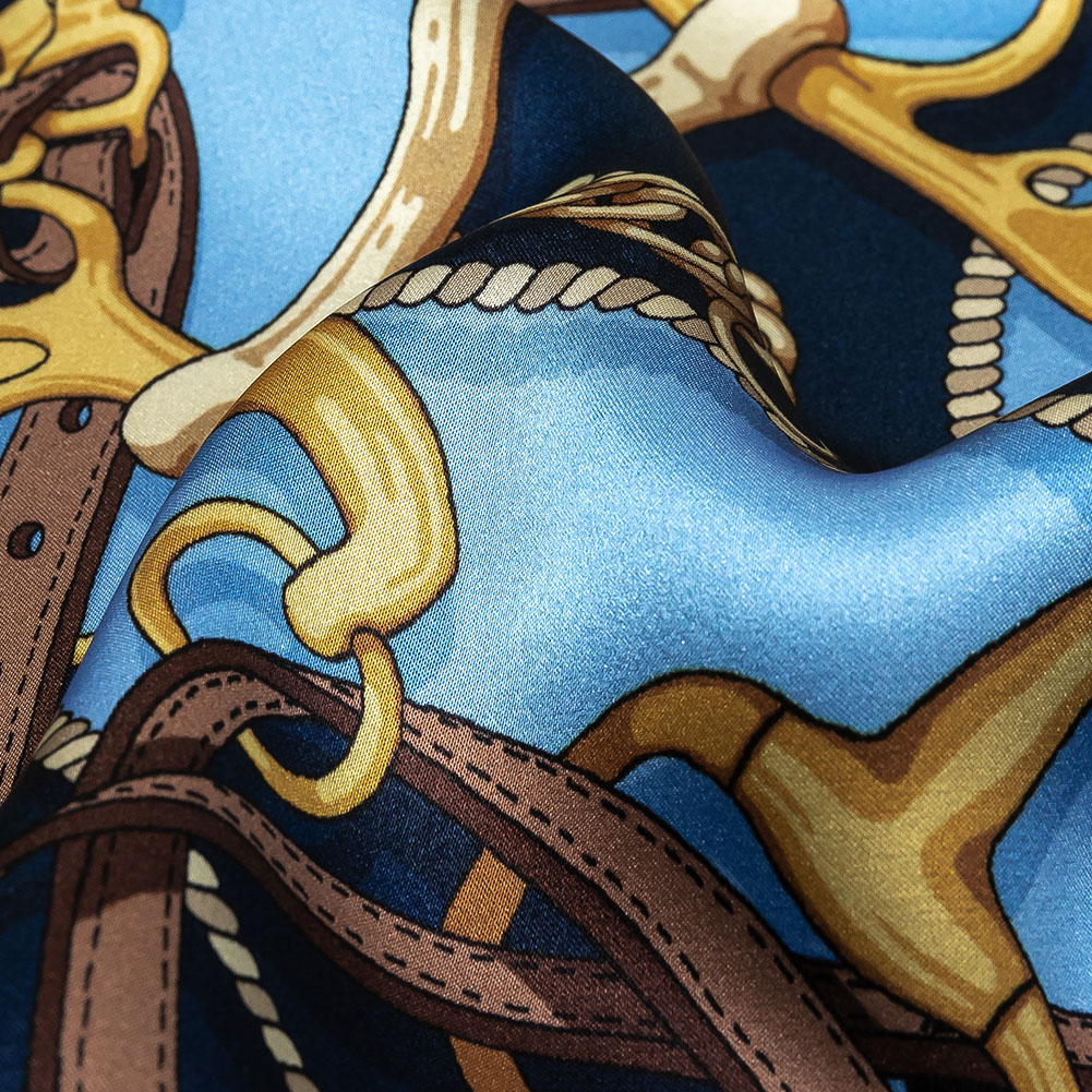 Mood Exclusive Italian Blue, Brown and Gold Bridles and Reins Silk Charmeuse Panel Mood Exclusive Italian Blue, Brown and Gold Bridles and Reins Silk Charmeuse Panel