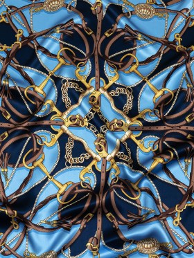 Mood Exclusive Italian Blue, Brown and Gold Bridles and Reins Silk Charmeuse Panel Mood Exclusive Italian Blue, Brown and Gold Bridles and Reins Silk Charmeuse Panel
