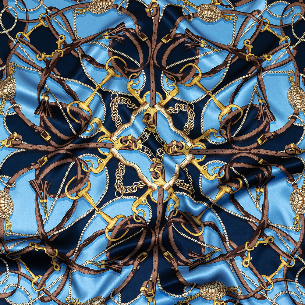 Mood Exclusive Italian Blue, Brown and Gold Bridles and Reins Silk Charmeuse Panel Mood Exclusive Italian Blue, Brown and Gold Bridles and Reins Silk Charmeuse Panel