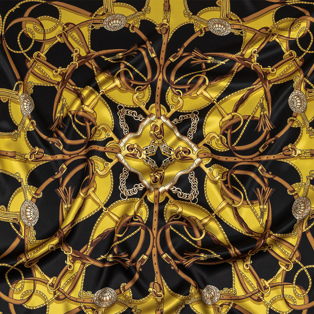 Mood Exclusive Italian Black, Yellow and Brown Bridles and Reins Silk Charmeuse Panel Mood Exclusive Italian Black, Yellow and Brown Bridles and Reins Silk Charmeuse Panel