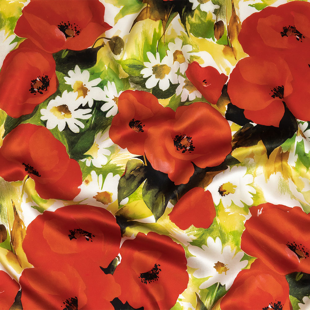 Mood Exclusive Italian Red, Yellow and Green Poppies and Daisies Silk Charmeuse Mood Exclusive Italian Red, Yellow and Green Poppies and Daisies Silk Charmeuse