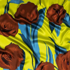 Mood Exclusive Italian Yellow, Steel Blue and Russet Abstract Roses Silk Charmeuse Mood Exclusive Italian Yellow, Steel Blue and Russet Abstract Roses Silk Charmeuse