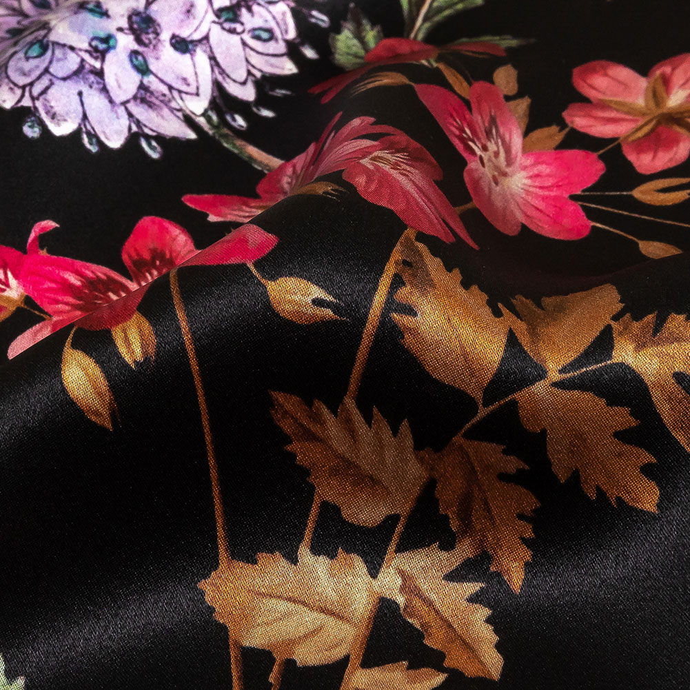Mood Exclusive Italian Black, Pink and Green Floral Silk Charmeuse Mood Exclusive Italian Black, Pink and Green Floral Silk Charmeuse
