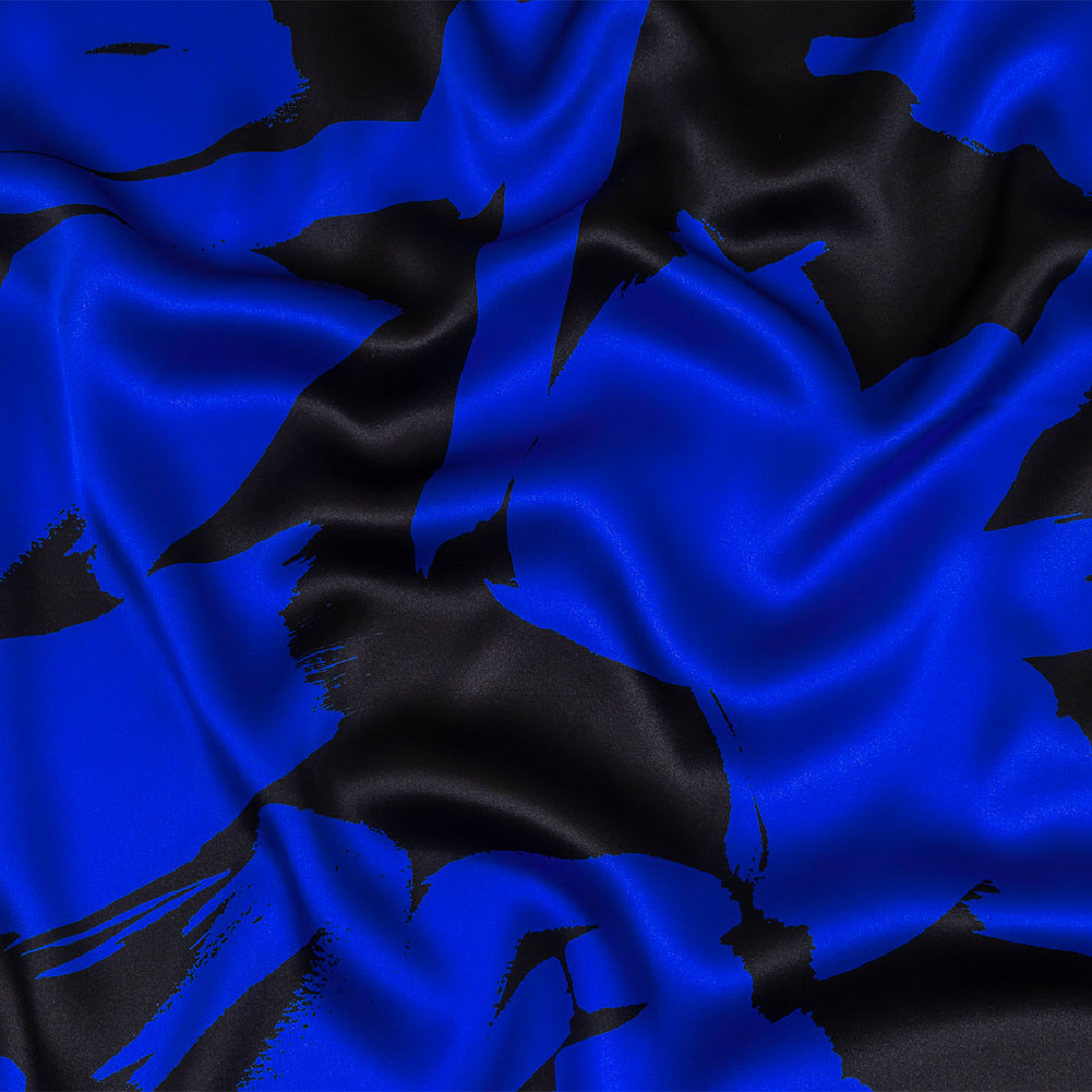 Mood Exclusive Italian Royal Blue and Black Brushstrokes Silk Charmeuse Mood Exclusive Italian Royal Blue and Black Brushstrokes Silk Charmeuse