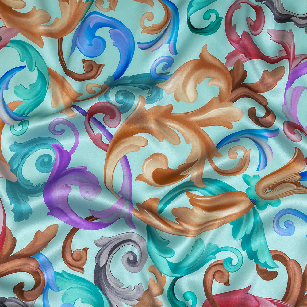 Mood Exclusive Italian Mint and Rainbow Ornate Swirls Silk Charmeuse Mood Exclusive Italian Mint and Rainbow Ornate Swirls Silk Charmeuse