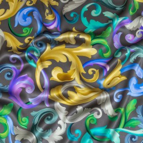 Mood Exclusive Italian Charcoal, Gold and Bougainvillea Ornate Swirls Silk Charmeuse Mood Exclusive Italian Charcoal, Gold and Bougainvillea Ornate Swirls Silk Charmeuse