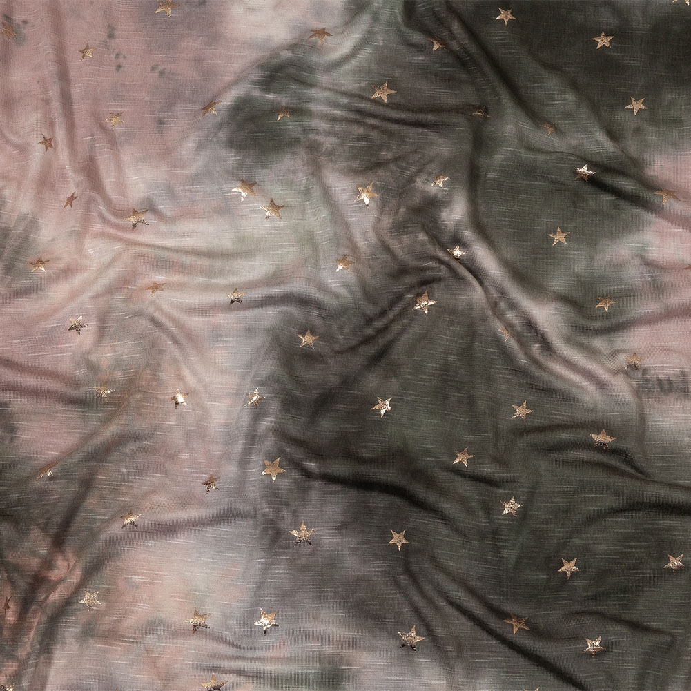 Pink, Olive and Metallic Gold Foiled Stars Slubbed Stretch Rayon Jersey Pink, Olive and Metallic Gold Foiled Stars Slubbed Stretch Rayon Jersey