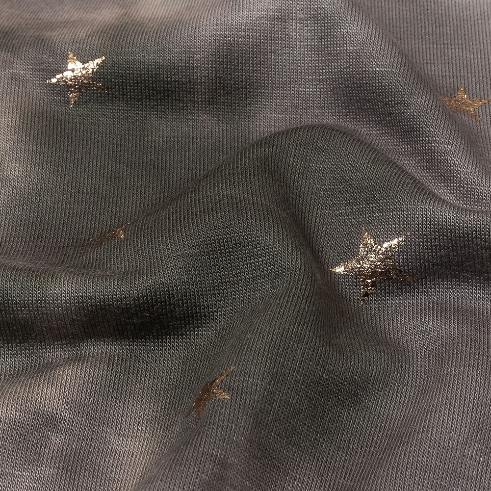 Pink, Olive and Metallic Gold Foiled Stars Stretch Rayon French Terry