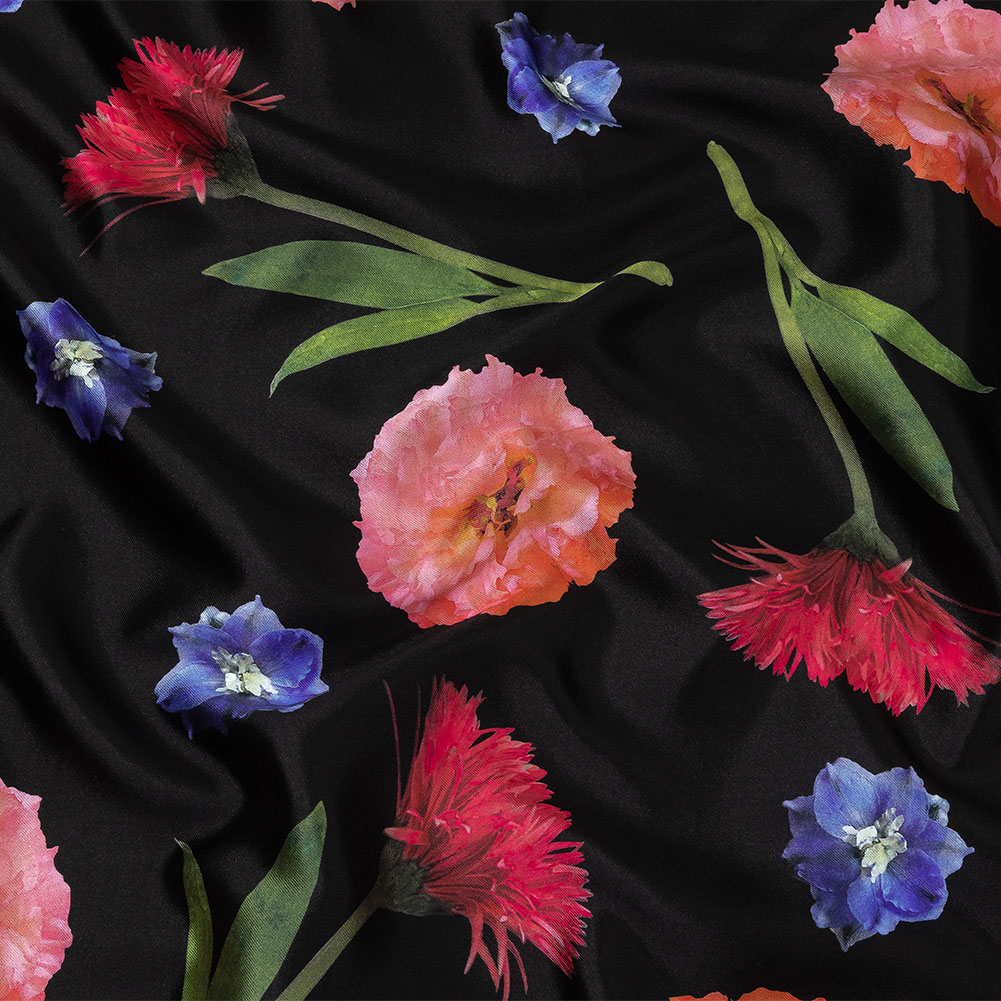 Carolina Herrera Blue, Pink and Black Floral Silk and Polyester Mikado Carolina Herrera Blue, Pink and Black Floral Silk and Polyester Mikado