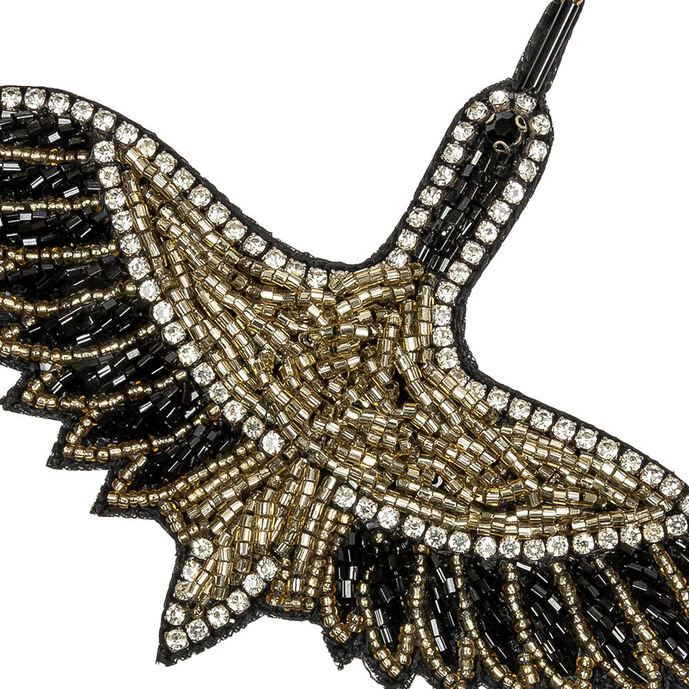 Black, Gold and Crystal Rhinestone Crane Glass Beaded Applique - 3.375" X 4.5"