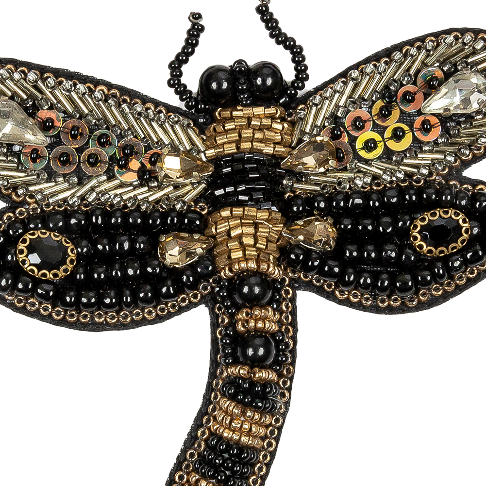 Black and Gold Dragonfly Rhinestone and Glass Beaded Applique - 3.375" X 3.5"