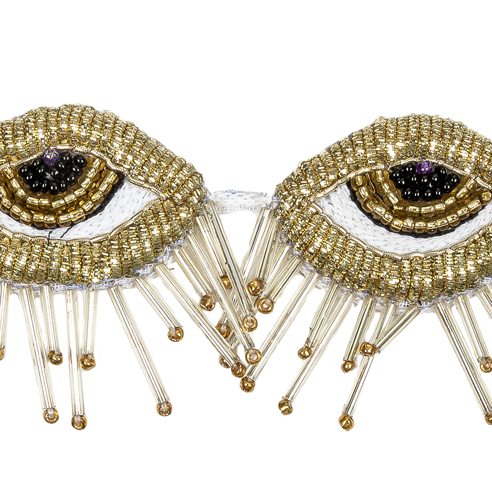 Gold, Black and White Pair of Eyes Beaded Applique - 1.875" X 3.75"