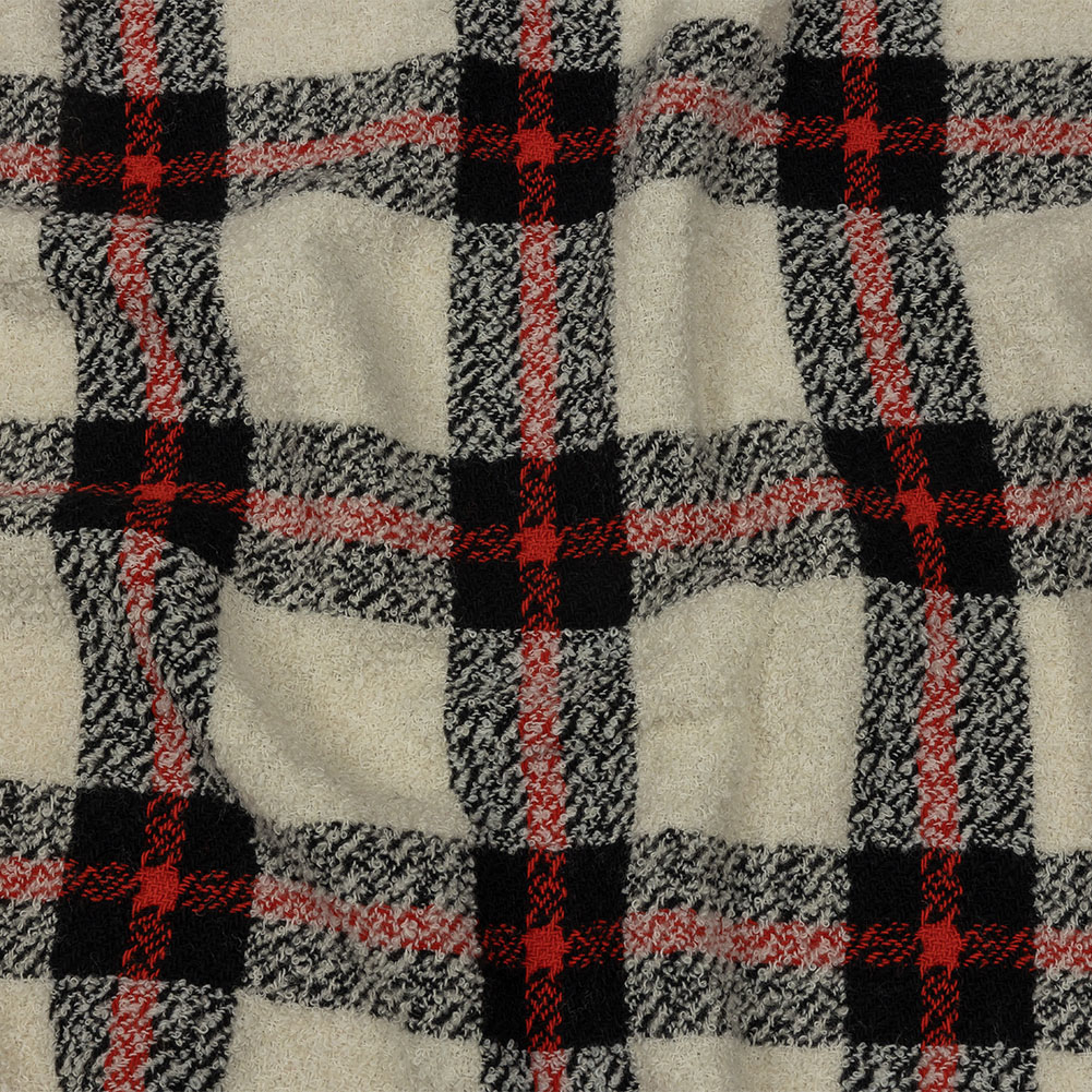 Famous Designer Cream, Black and Red Plaid Blended Wool Boucle Coating Famous Designer Cream, Black and Red Plaid Blended Wool Boucle Coating