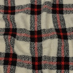 Famous Designer Cream, Black and Red Plaid Blended Wool Boucle Coating Famous Designer Cream, Black and Red Plaid Blended Wool Boucle Coating
