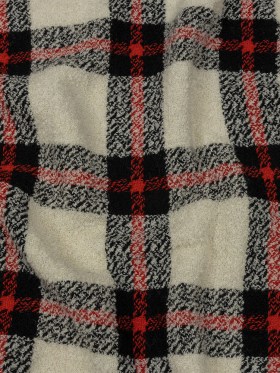 Famous Designer Cream, Black and Red Plaid Blended Wool Boucle Coating Famous Designer Cream, Black and Red Plaid Blended Wool Boucle Coating