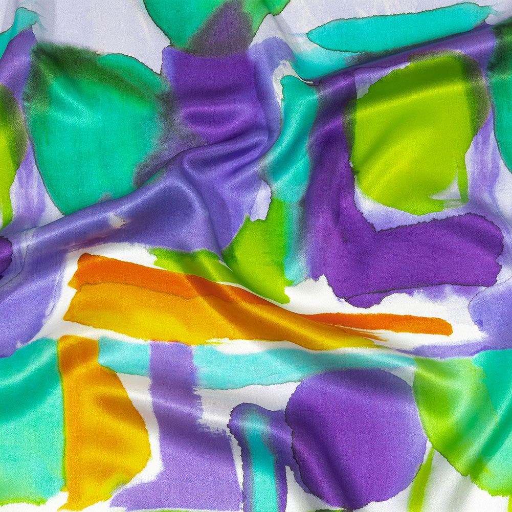 Italian Green, Purple and Orange Watercolor Blocks Silk Charmeuse Italian Green, Purple and Orange Watercolor Blocks Silk Charmeuse