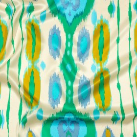 Italian Turquoise, Kelly Green and Mustard Ikat Diamonds Silk Charmeuse Italian Turquoise, Kelly Green and Mustard Ikat Diamonds Silk Charmeuse
