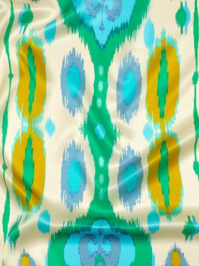 Italian Turquoise, Kelly Green and Mustard Ikat Diamonds Silk Charmeuse Italian Turquoise, Kelly Green and Mustard Ikat Diamonds Silk Charmeuse
