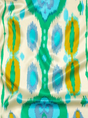 Italian Turquoise, Kelly Green and Mustard Ikat Diamonds Silk Charmeuse Italian Turquoise, Kelly Green and Mustard Ikat Diamonds Silk Charmeuse