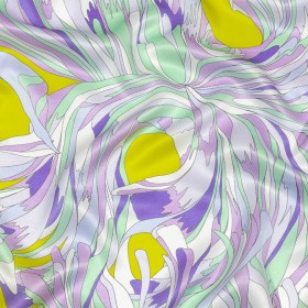 Italian Lavender, Seafoam and Yellow Feathered Flowers Silk Charmeuse Italian Lavender, Seafoam and Yellow Feathered Flowers Silk Charmeuse