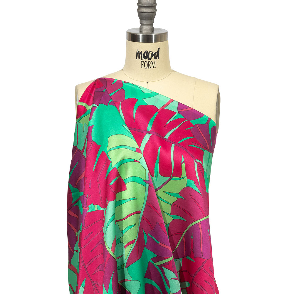 Italian Fuchsia, Hot Pink and Mint Jungle Leaves Silk Charmeuse Italian Fuchsia, Hot Pink and Mint Jungle Leaves Silk Charmeuse