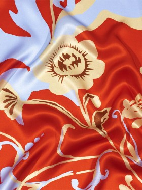 Italian Red, Beige and Sky Ornamental Floral Silk Charmeuse Italian Red, Beige and Sky Ornamental Floral Silk Charmeuse