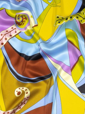 Italian Yellow, Green and Sky Leafy Abstract Silk Charmeuse Italian Yellow, Green and Sky Leafy Abstract Silk Charmeuse