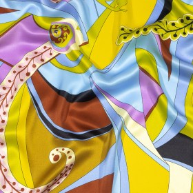 Italian Yellow, Green and Sky Leafy Abstract Silk Charmeuse Italian Yellow, Green and Sky Leafy Abstract Silk Charmeuse