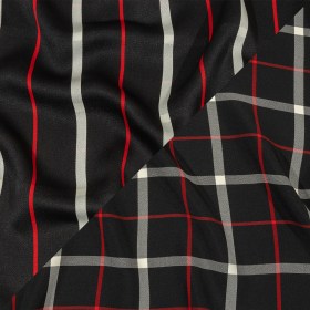 Balenciaga Italian Black, Star White and Red Checked and Striped Double Faced Fluid Viscose Crepe Back Twill Balenciaga Italian Black, Star White and Red Checked and Striped Double Faced Fluid Viscose Crepe Back Twill
