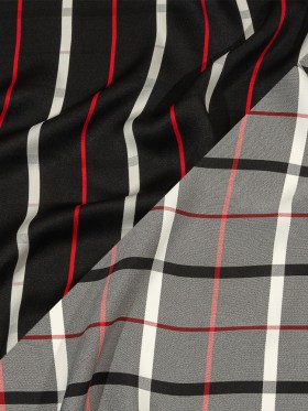 Balenciaga Italian Star White, Red and Black Checked and Striped Double Face Fluid Viscose Crepe Back Twill Balenciaga Italian Star White, Red and Black Checked and Striped Double Face Fluid Viscose Crepe Back Twill