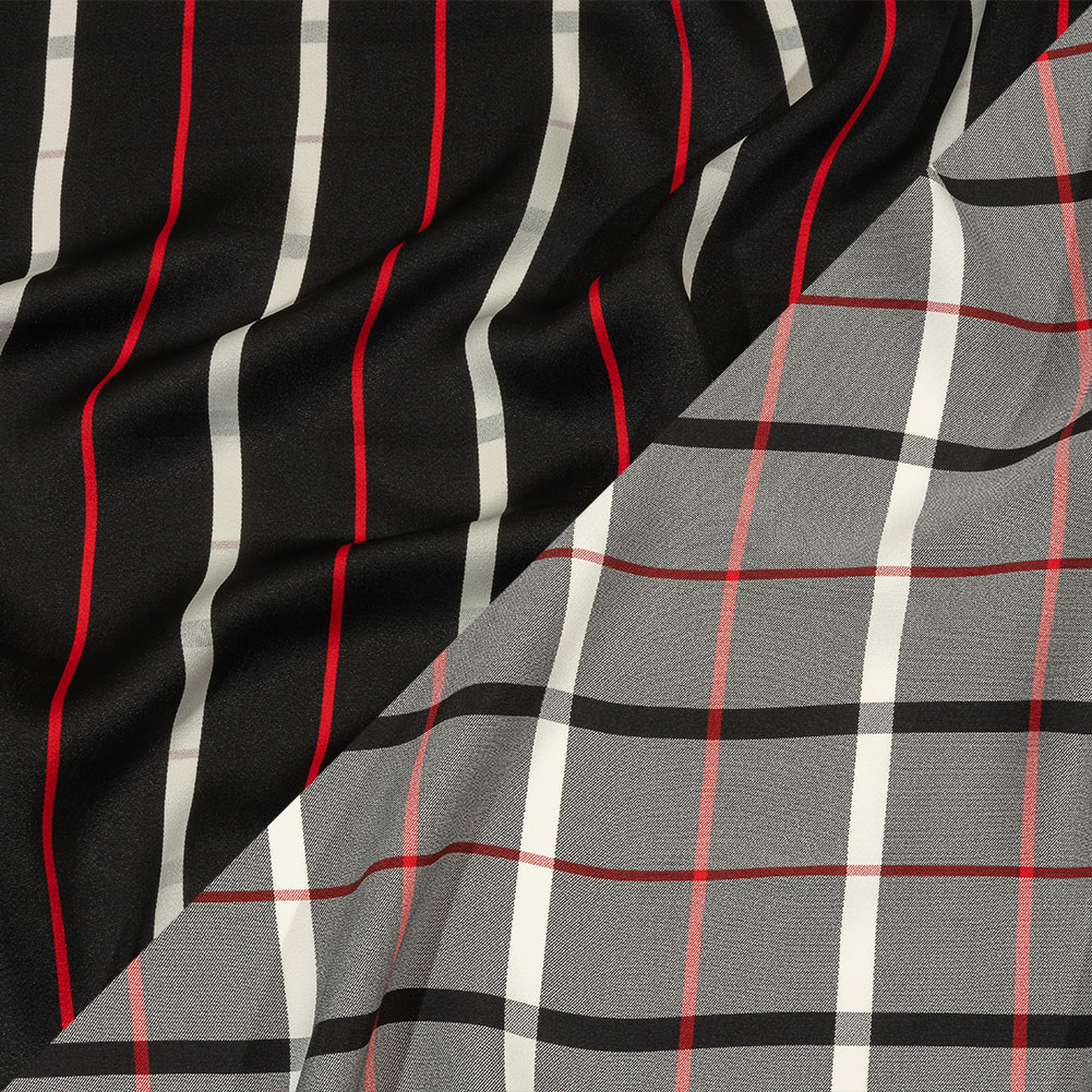 Balenciaga Italian Star White, Red and Black Checked and Striped Double Face Fluid Viscose Crepe Back Twill Balenciaga Italian Star White, Red and Black Checked and Striped Double Face Fluid Viscose Crepe Back Twill