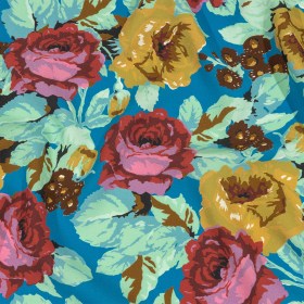 Balenciaga Italian Blue, Mustard and Red Roses Rayon Crepe Balenciaga Italian Blue, Mustard and Red Roses Rayon Crepe