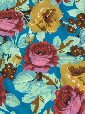 Balenciaga Italian Blue, Mustard and Red Roses Rayon Crepe Balenciaga Italian Blue, Mustard and Red Roses Rayon Crepe