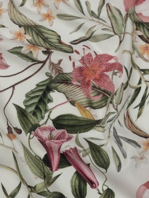 Mercerized Organic Egyptian Cotton Voile – Green, Pink and White Tropical Flowers – Toulouse Collection Mercerized Organic Egyptian Cotton Voile – Green, Pink and White Tropical Flowers – Toulouse Collection