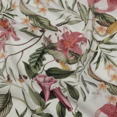 Mercerized Organic Egyptian Cotton Voile – Green, Pink and White Tropical Flowers – Toulouse Collection Mercerized Organic Egyptian Cotton Voile – Green, Pink and White Tropical Flowers – Toulouse Collection