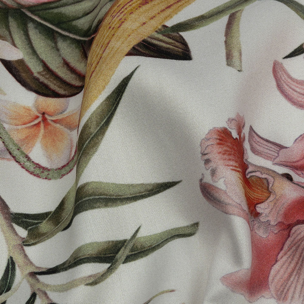 Mercerized Organic Egyptian Cotton Shirting - Green, Pink and White Tropical Flowers - Ravello Collection