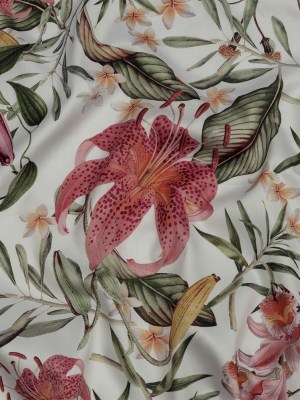 Mercerized Organic Egyptian Cotton Shirting – Green, Pink and White Tropical Flowers – Ravello Collection Mercerized Organic Egyptian Cotton Shirting – Green, Pink and White Tropical Flowers – Ravello Collection