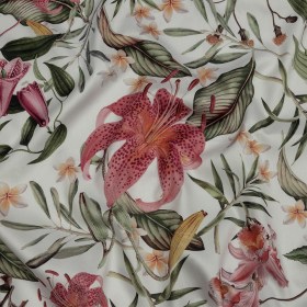 Mercerized Organic Egyptian Cotton Shirting – Green, Pink and White Tropical Flowers – Ravello Collection Mercerized Organic Egyptian Cotton Shirting – Green, Pink and White Tropical Flowers – Ravello Collection