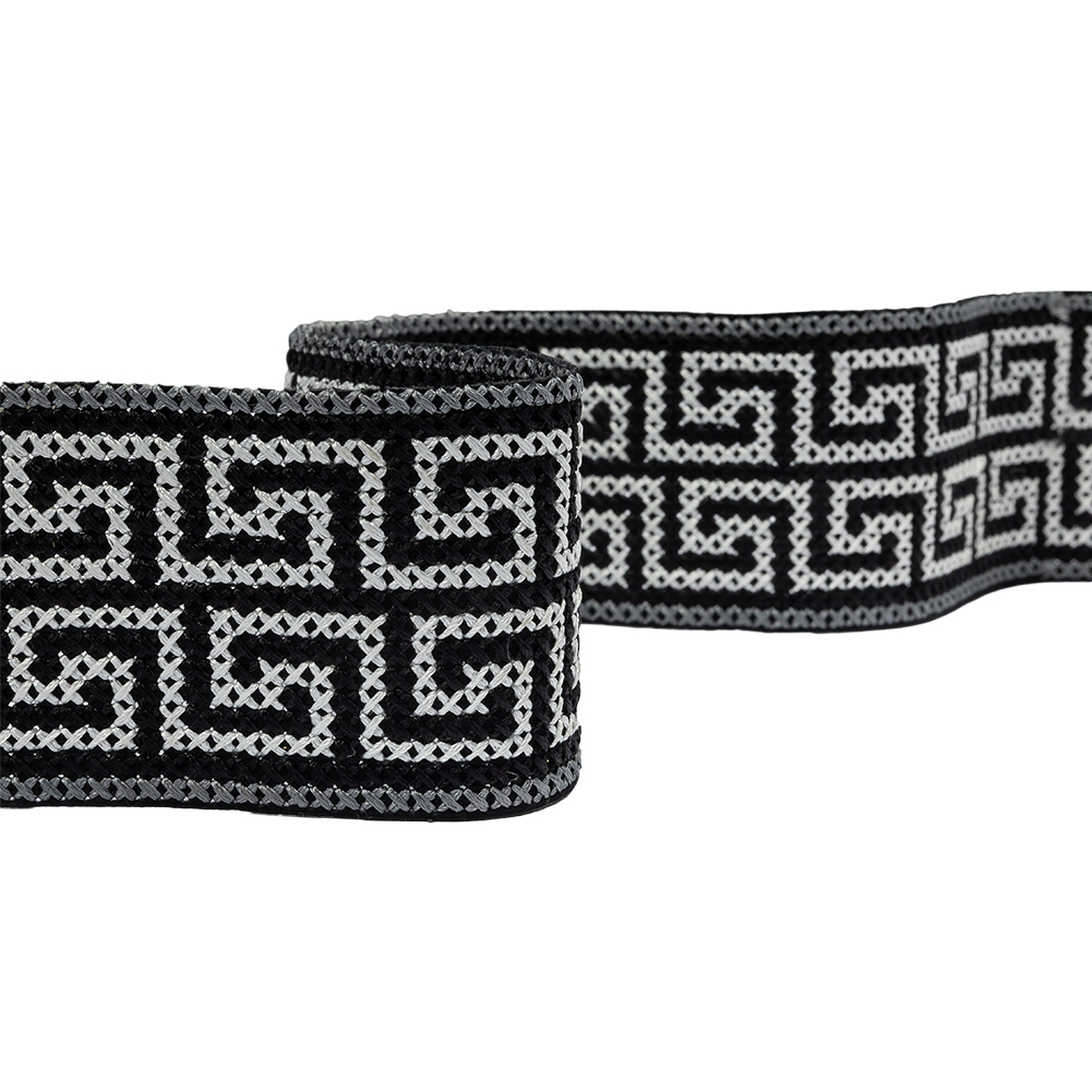 Silver and Black Cross Stitch Double Greek Key Trim – 2″ Silver and Black Cross Stitch Double Greek Key Trim – 2″