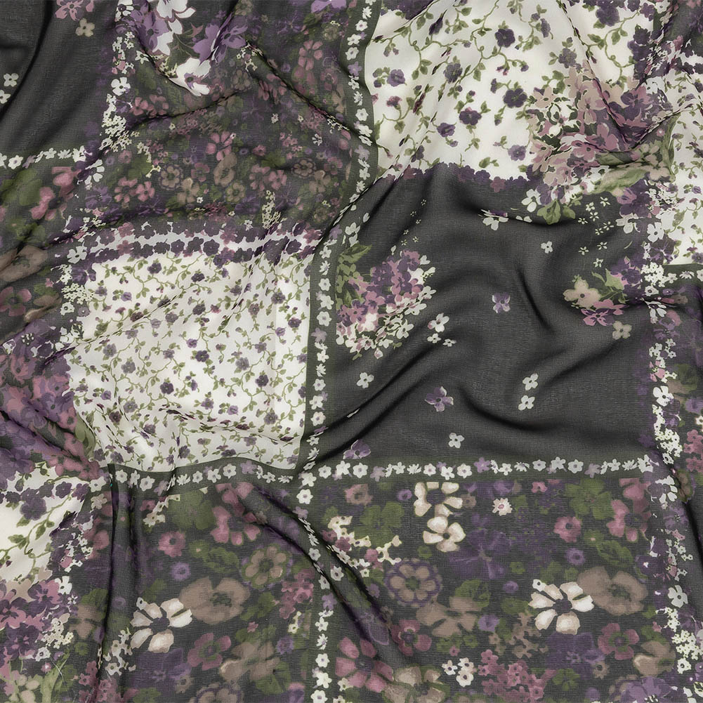 Purple, Green and Black Patchwork Floral Polyester Chiffon Purple, Green and Black Patchwork Floral Polyester Chiffon
