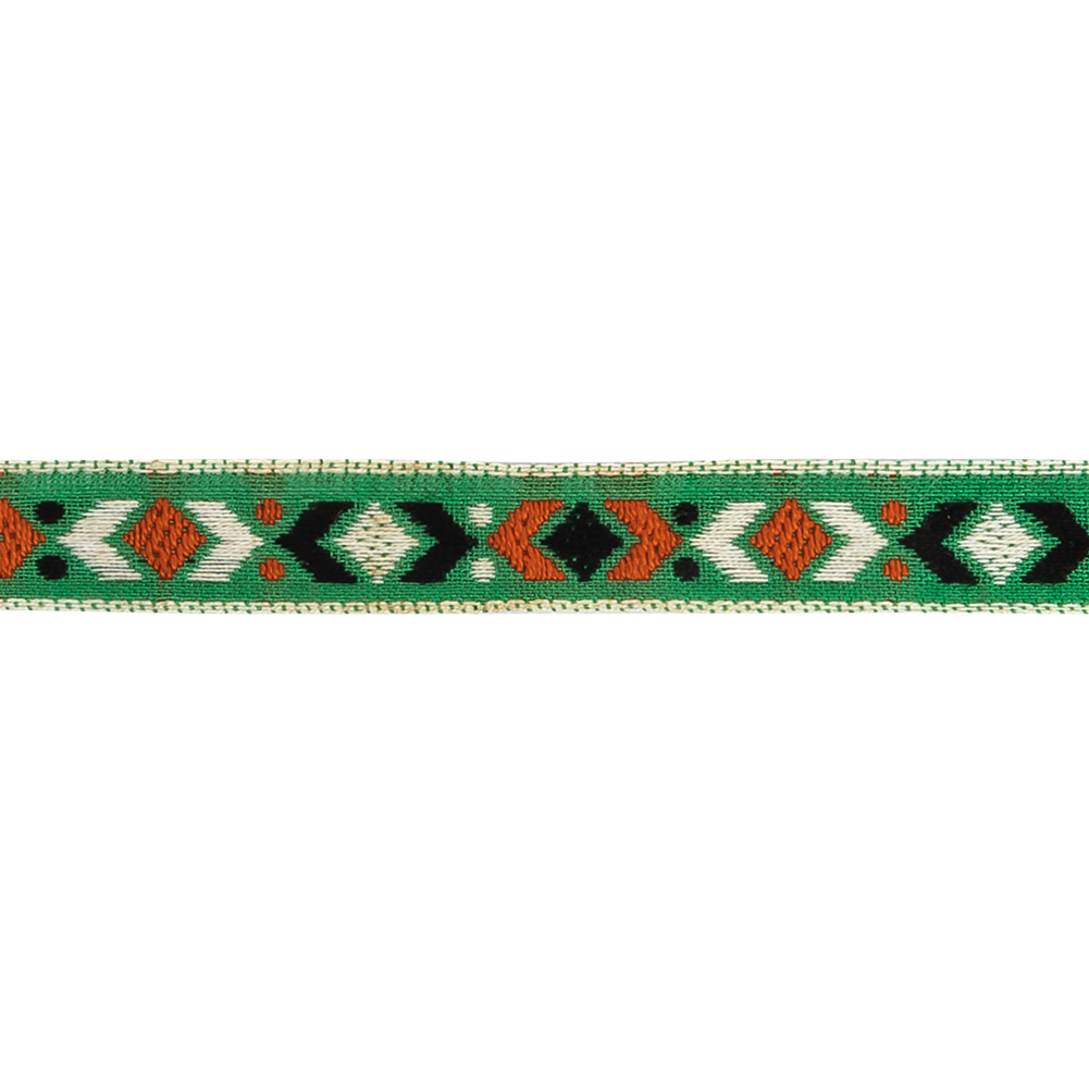 Green, Black and Orange Geometric German Jacquard Cotton Ribbon - 0.5"