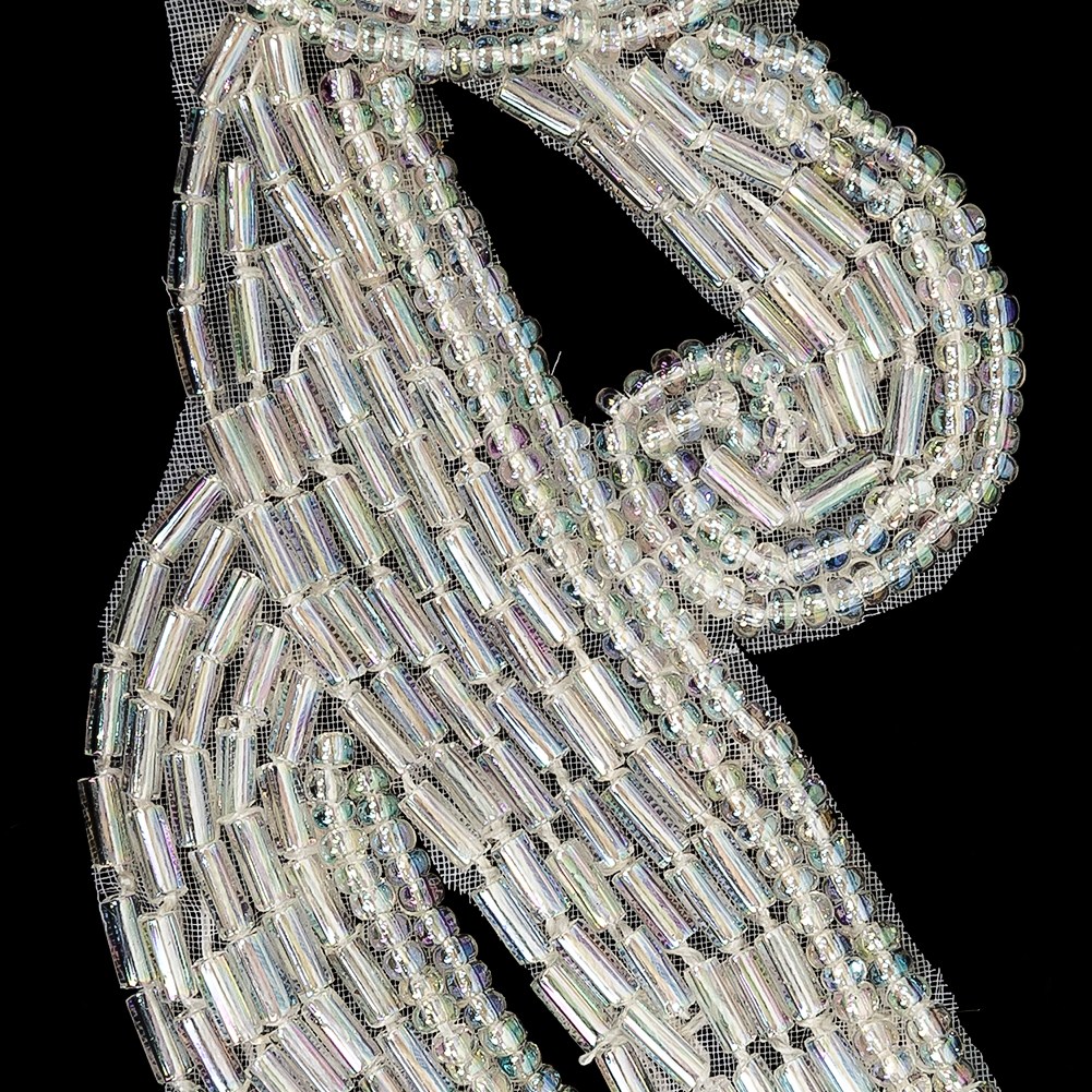Silver Coin Bugle and Seed Beaded Applique – 5.25″ x 2″ Silver Coin Bugle and Seed Beaded Applique – 5.25″ x 2″