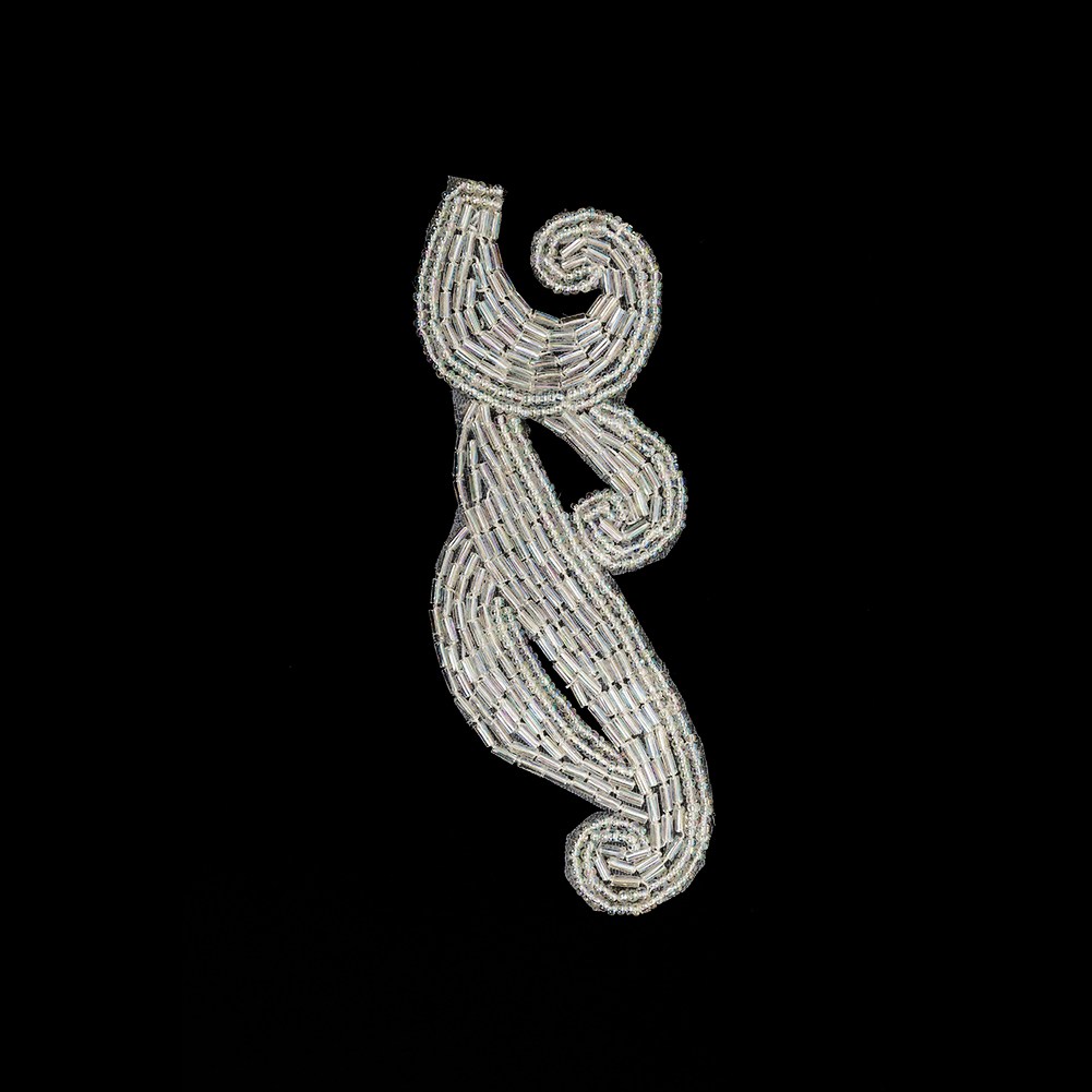 Silver Coin Bugle and Seed Beaded Applique – 5.25″ x 2″ Silver Coin Bugle and Seed Beaded Applique – 5.25″ x 2″