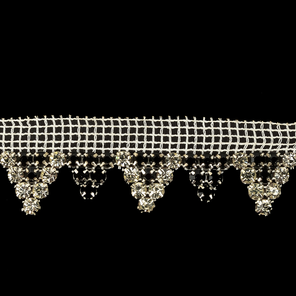 Vintage Czech Crystal and Jet Rhinestones in Silver Settings on White Mesh Trimming – 1.1875″ Vintage Czech Crystal and Jet Rhinestones in Silver Settings on White Mesh Trimming – 1.1875″