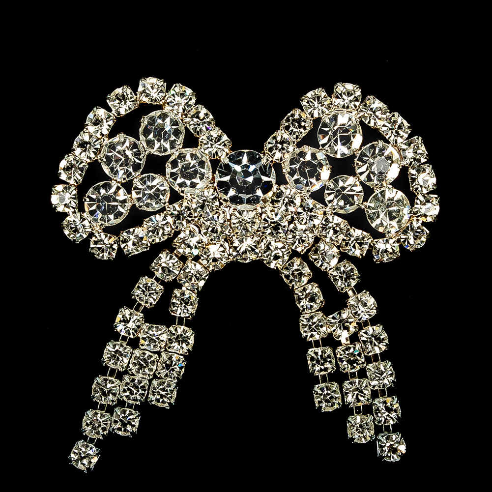 Vintage Czech Crystal Rhinestones and Silver Metal Bow Dress Ornament - 1.75" x 1.625"