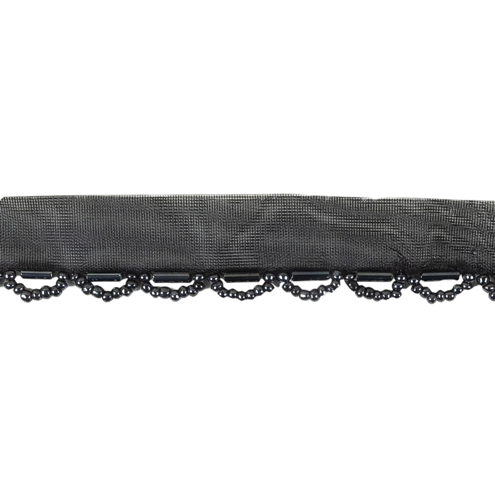 Vintage Black and Gunmetal Seed and Bugle Beaded Scalloped Trim - 0.75"