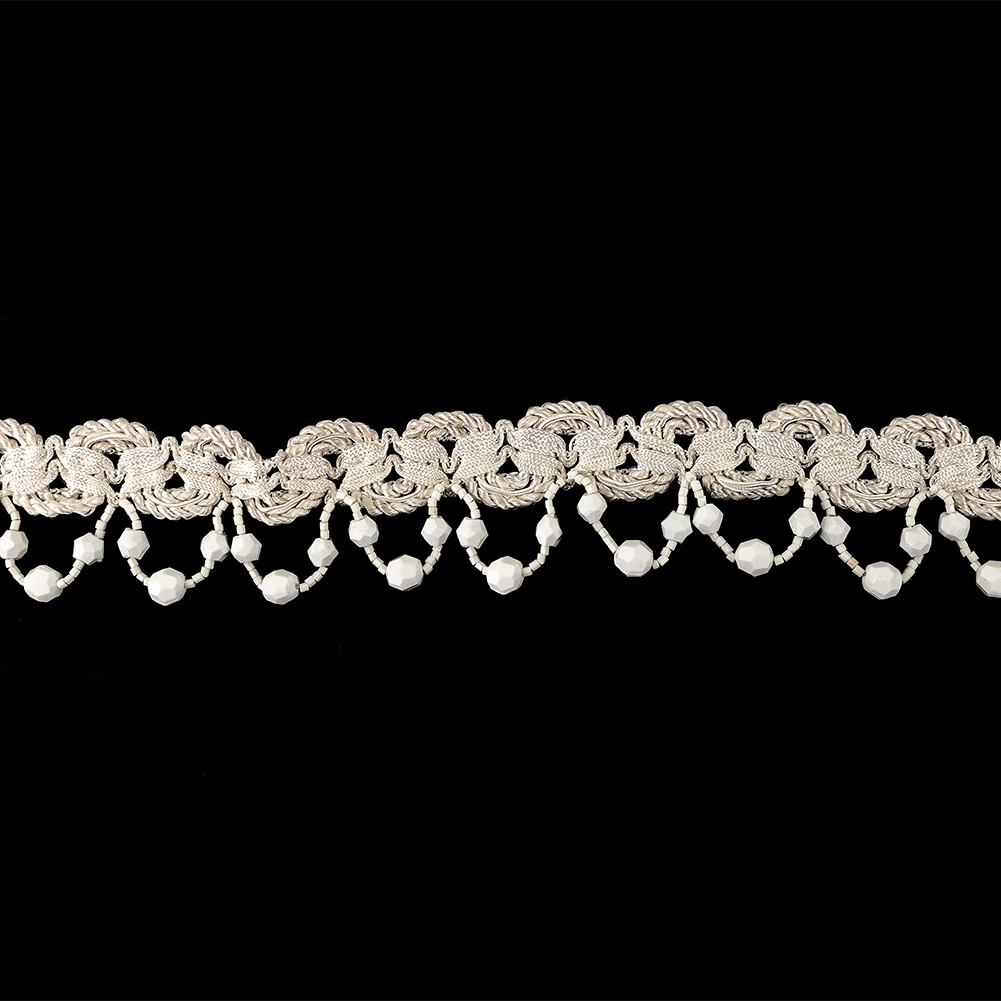 Vintage Ivory Braided Trimming with White Chop and Faceted Beaded Fringe – 1.5″ Vintage Ivory Braided Trimming with White Chop and Faceted Beaded Fringe – 1.5″