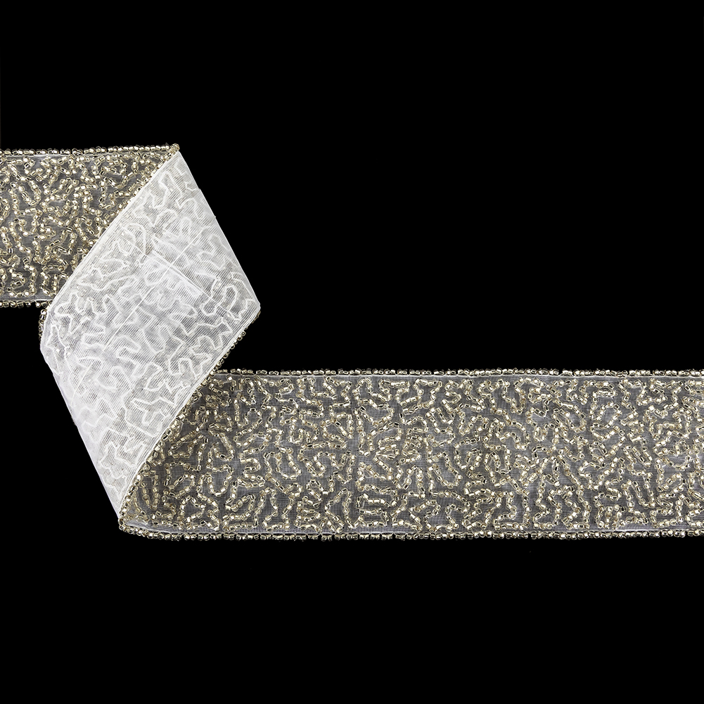 Vintage Fancy Silver-lined Abstract Beaded Trimming on White – 2″ Vintage Fancy Silver-lined Abstract Beaded Trimming on White – 2″